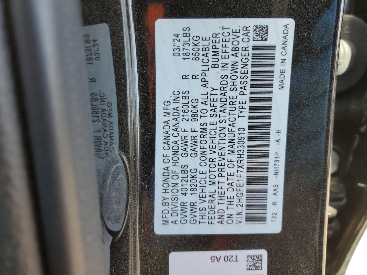 2024 Honda Civic Ex VIN: 2HGFE1F7XRH330910 Lot: 50415895