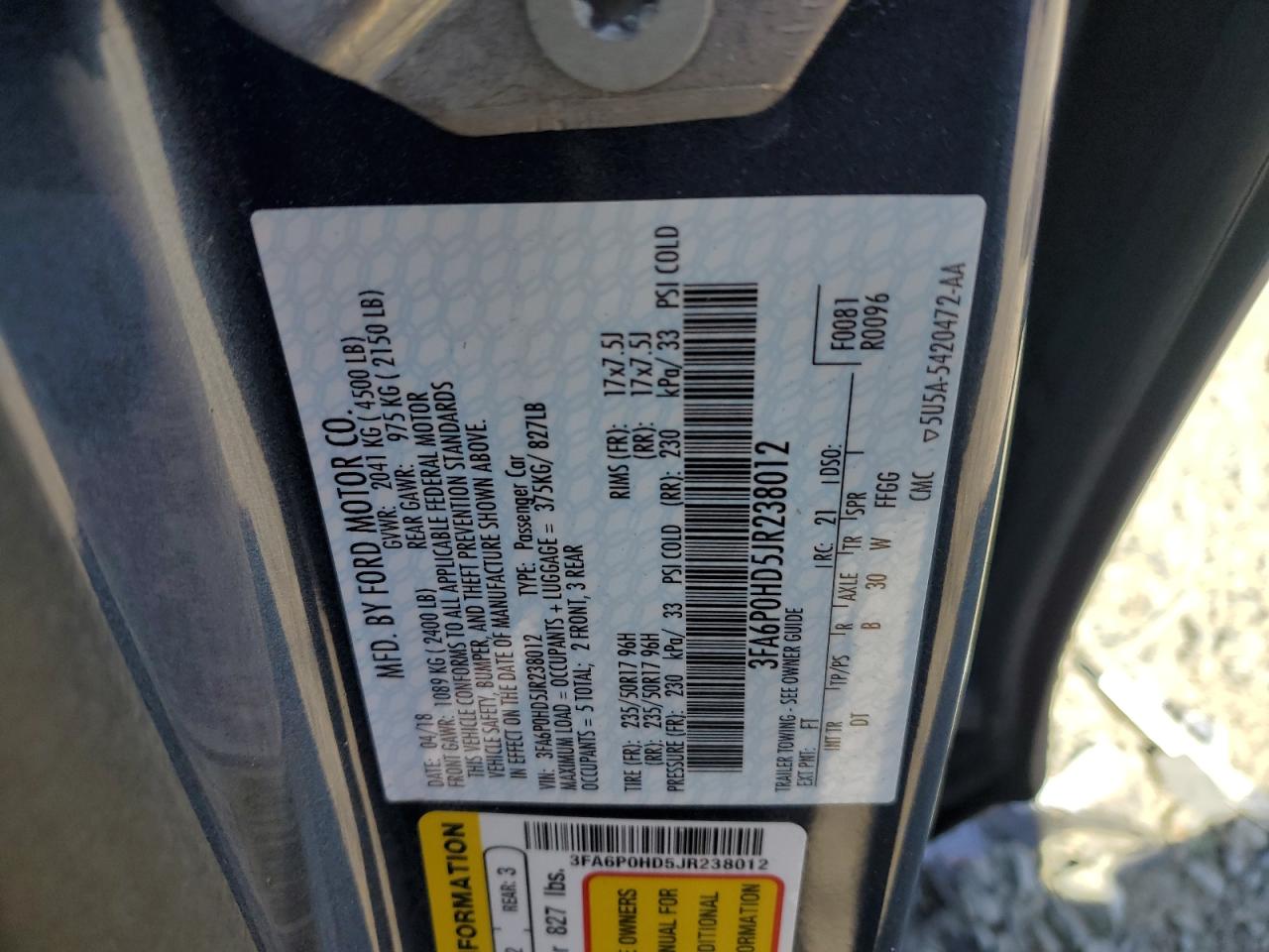 2018 Ford Fusion Se VIN: 3FA6P0HD5JR238012 Lot: 46709085