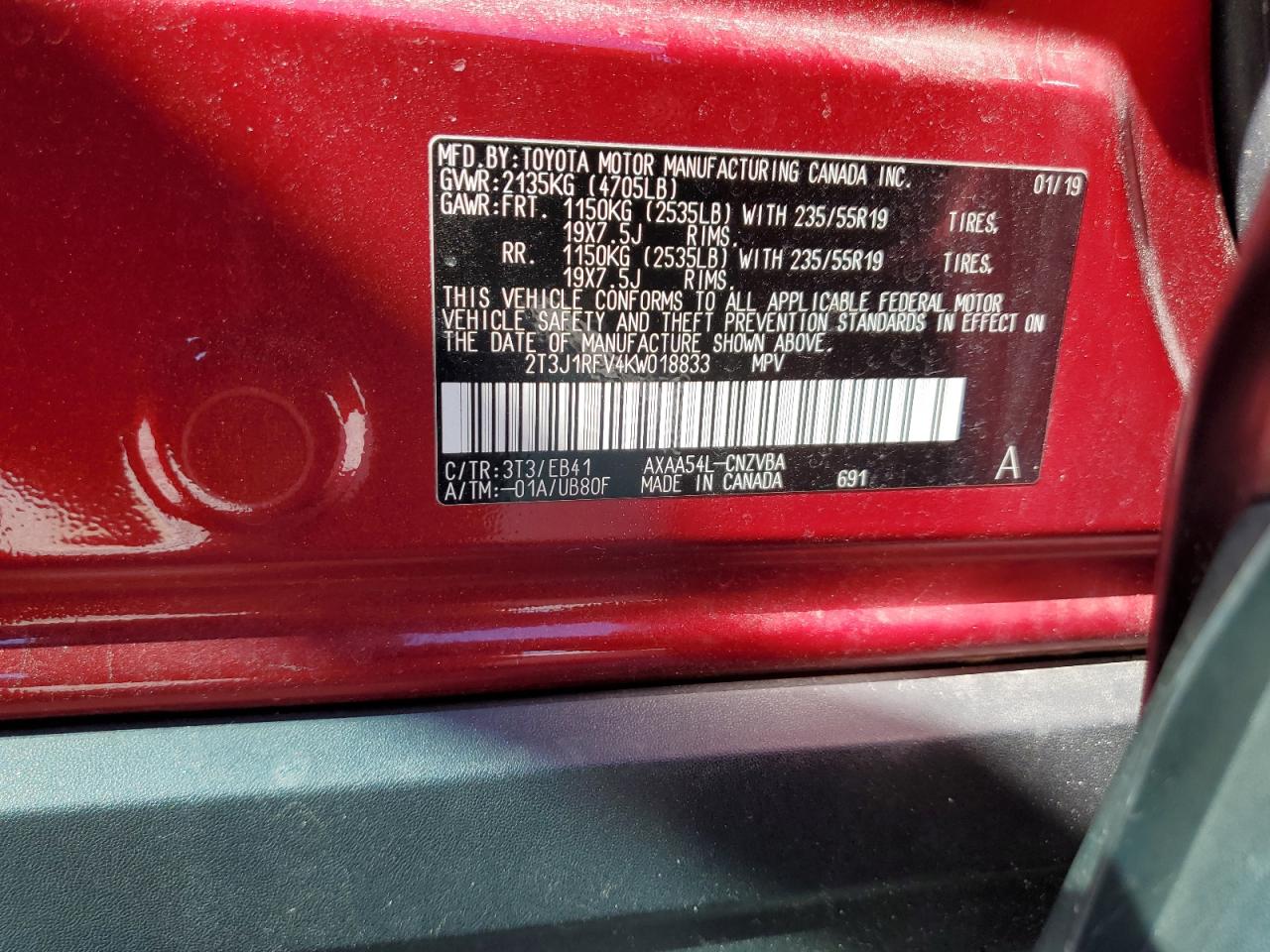 2T3J1RFV4KW018833 TOYOTA RAV4 2019