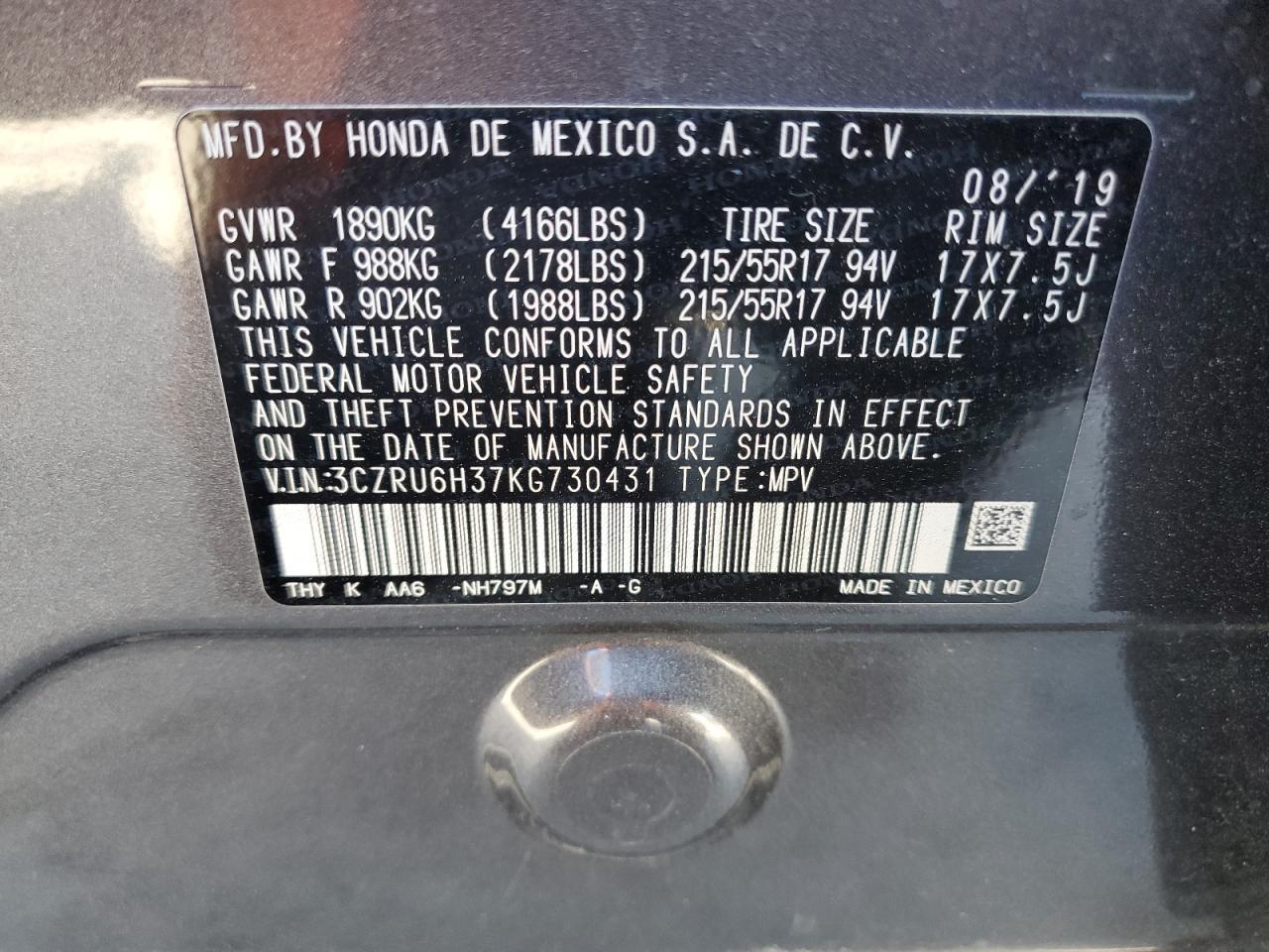3CZRU6H37KG730431 HONDA HR-V 2019