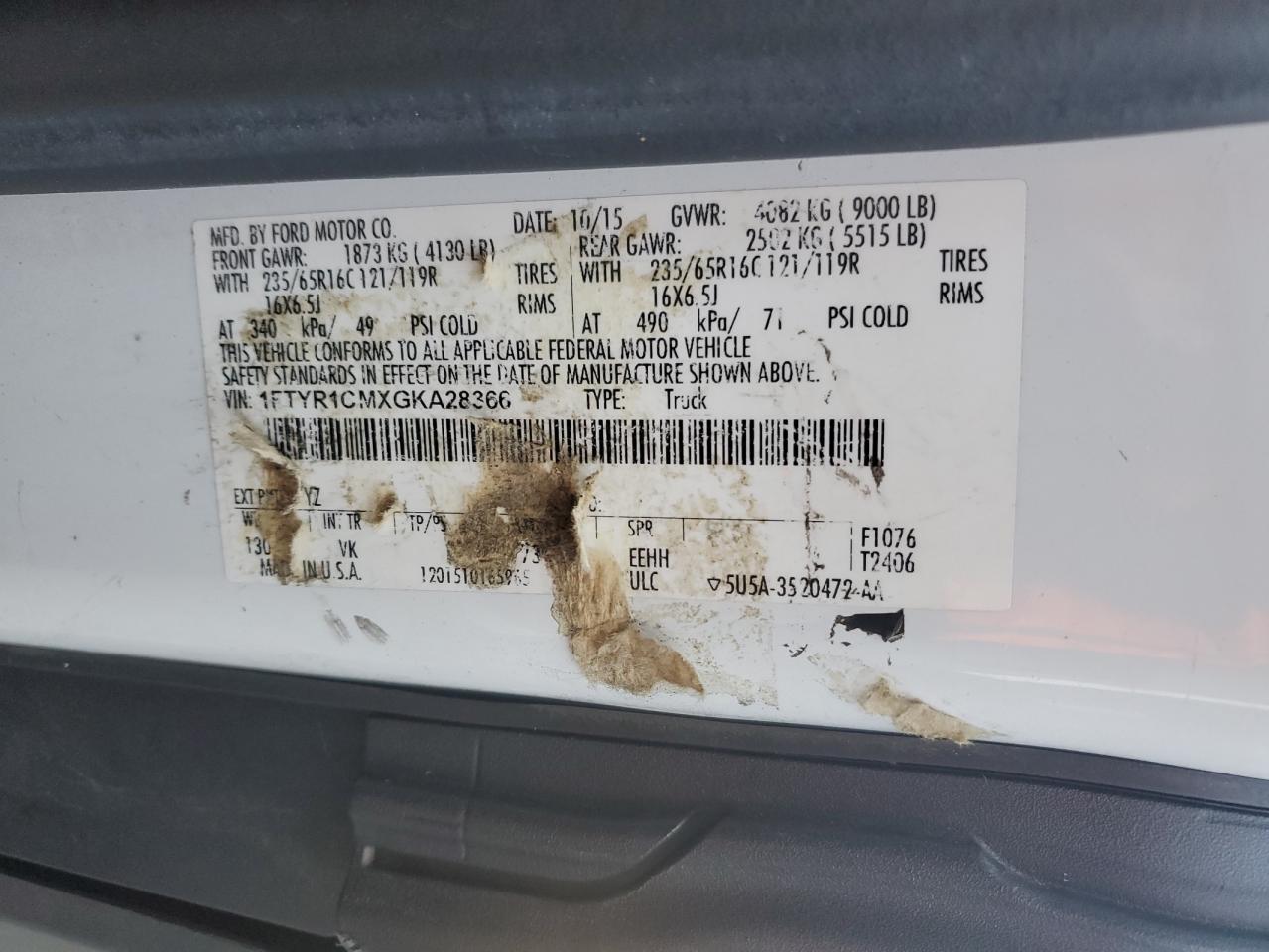 1FTYR1CMXGKA28366 FORD TRANSIT 2016