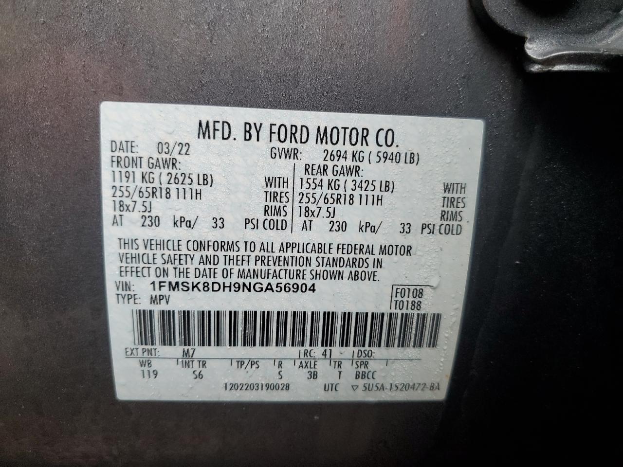 1FMSK8DH9NGA56904 FORD EXPLORER 2022