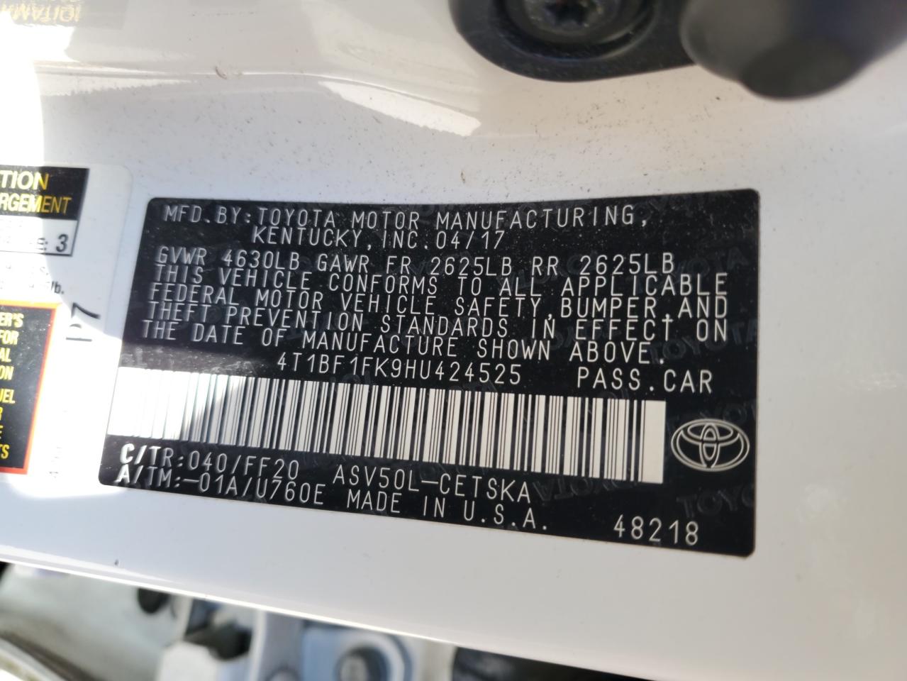 4T1BF1FK9HU424525 TOYOTA CAMRY 2017