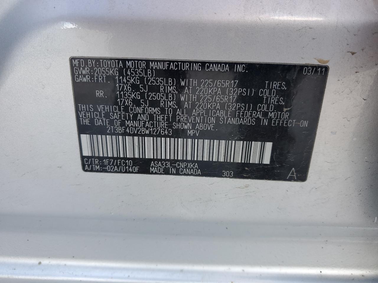 2011 Toyota Rav4 VIN: 2T3BF4DV2BW127643 Lot: 50377235