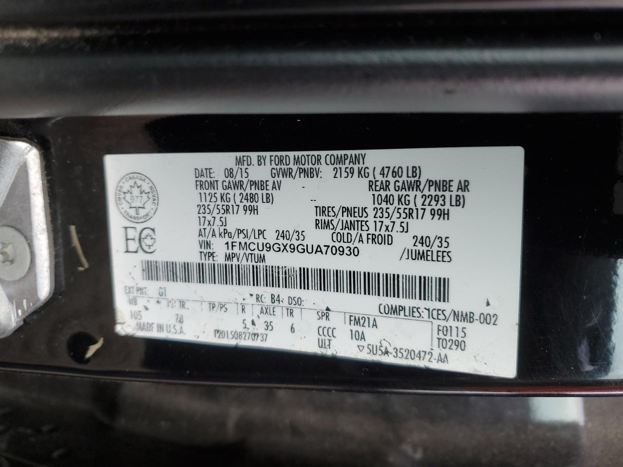 1FMCU9GX9GUA70930 FORD ESCAPE 2016