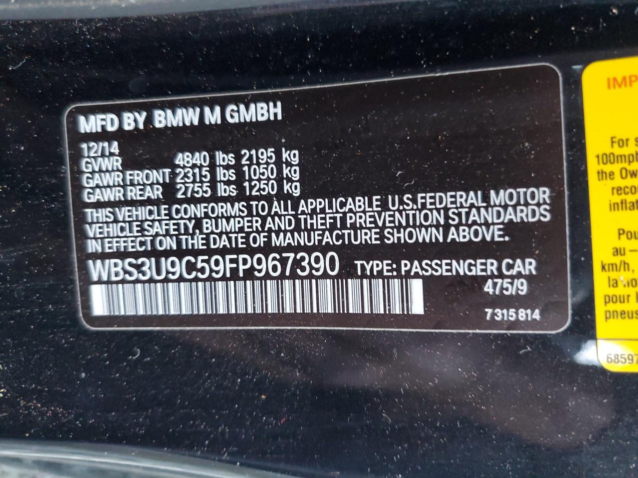 2015 BMW M4 VIN: WBS3U9C59FP967390 Lot: 49421935