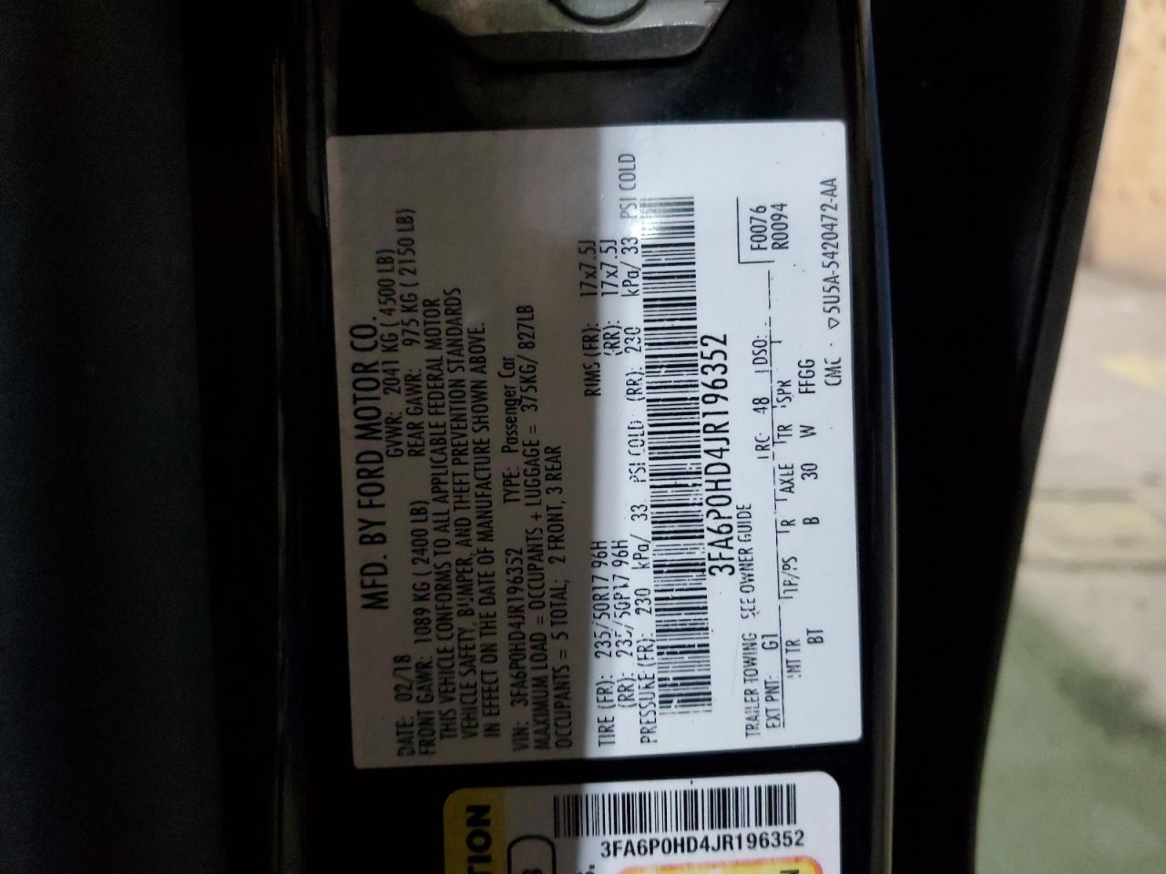 3FA6P0HD4JR196352 FORD FUSION 2018