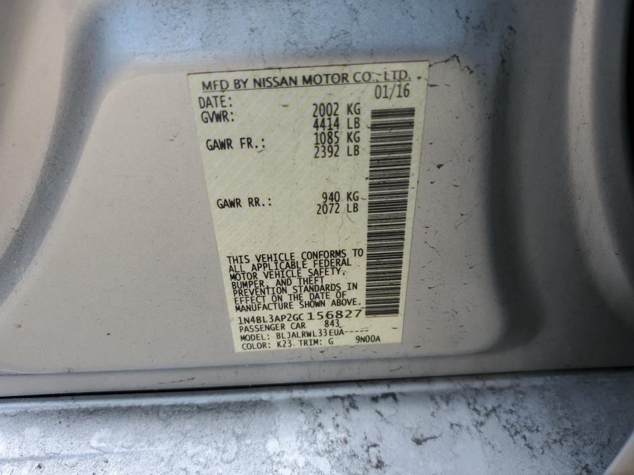2016 Nissan Altima 3.5Sl VIN: 1N4BL3AP2GC156827 Lot: 63505855