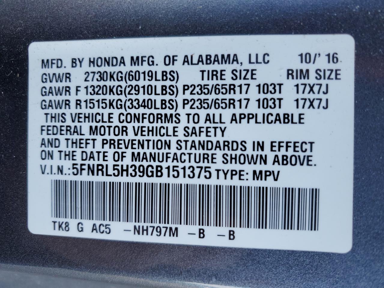 5FNRL5H39GB151375 HONDA ODYSSEY 2016