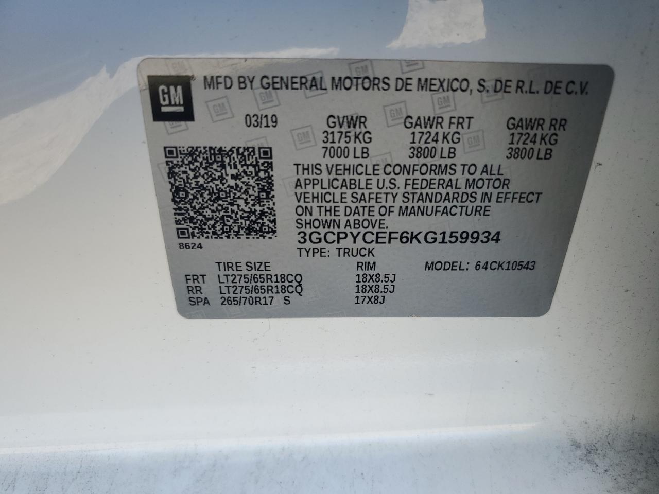 3GCPYCEF6KG159934 CHEVROLET ALL Models 2019