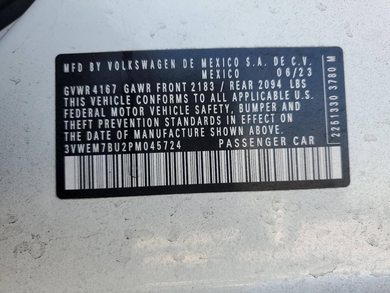 2023 Volkswagen Jetta Se VIN: 3VWEM7BU2PM045724 Lot: 48572045
