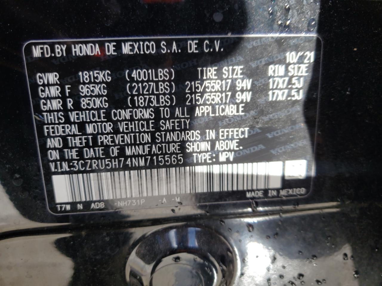 3CZRU5H74NM715565 HONDA HR-V 2022