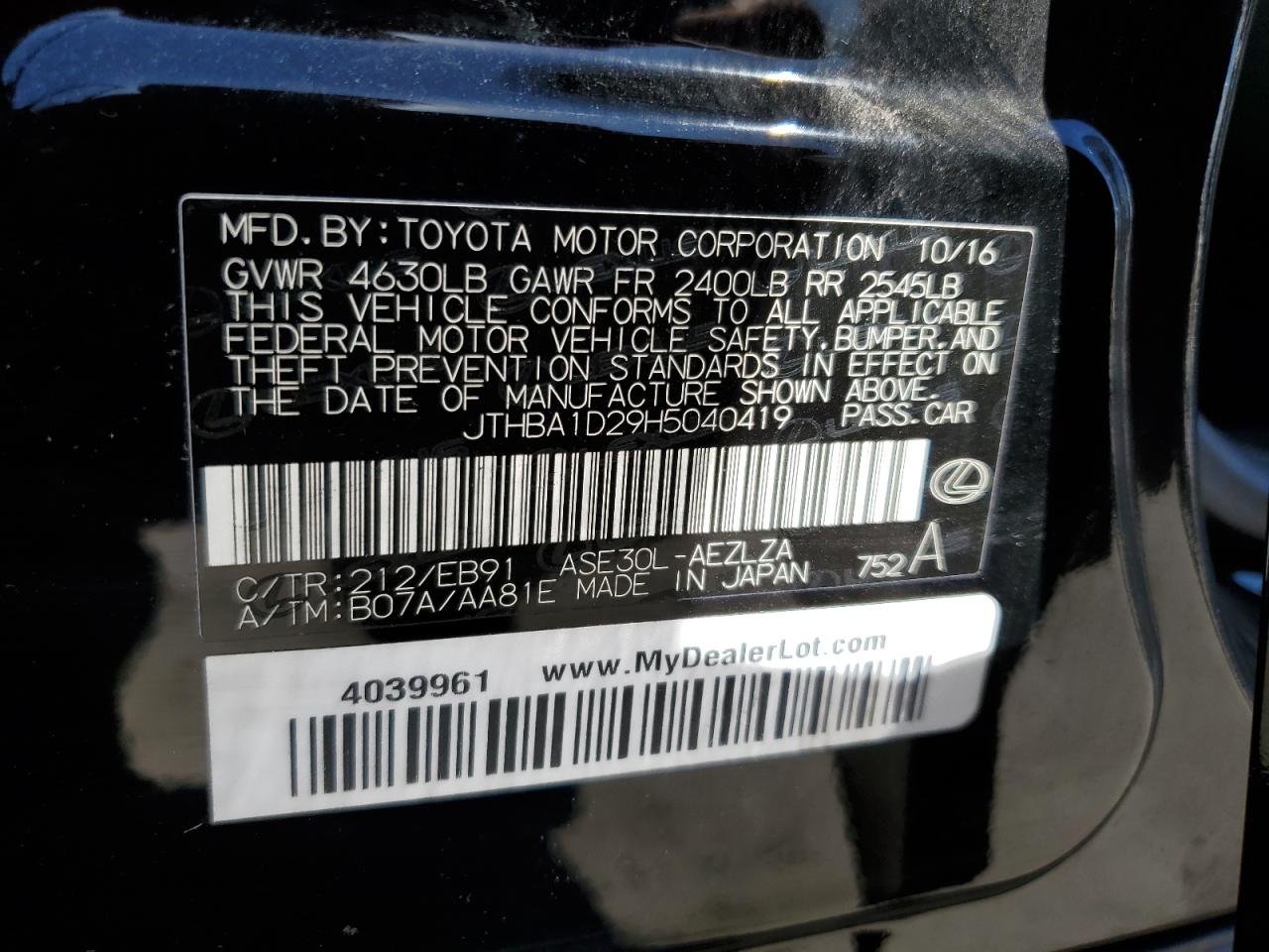2017 Lexus Is 200T VIN: JTHBA1D29H5040419 Lot: 48691715