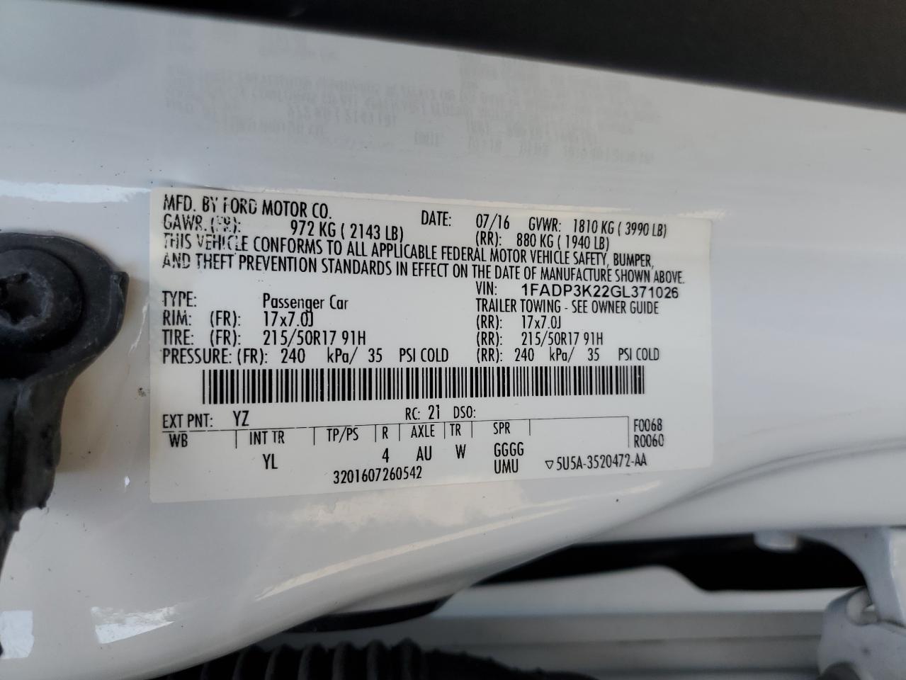 1FADP3K22GL371026 FORD FOCUS 2016