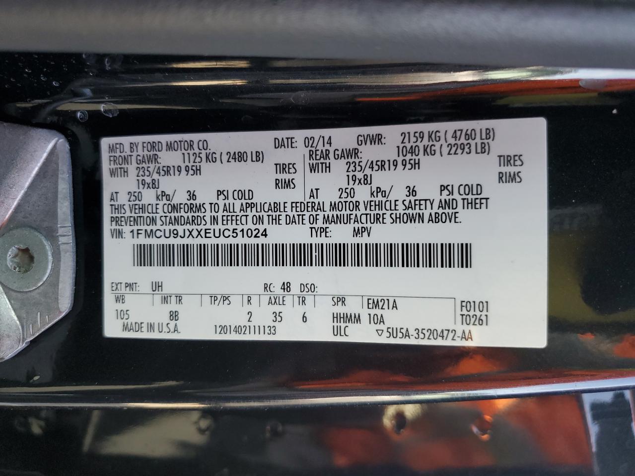 2014 Ford Escape Titanium VIN: 1FMCU9JXXEUC51024 Lot: 50628335