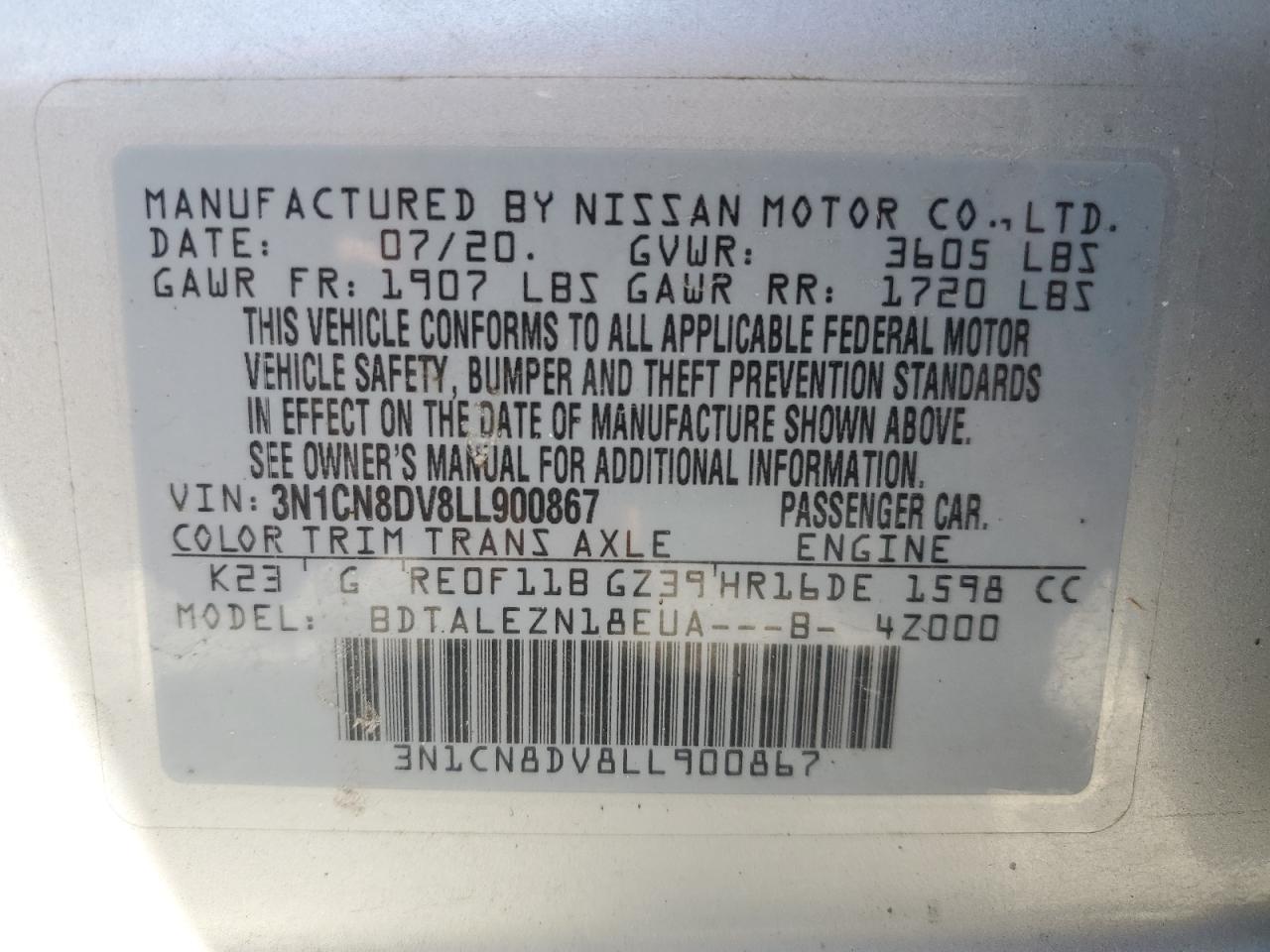 3N1CN8DV8LL900867 NISSAN VERSA 2020