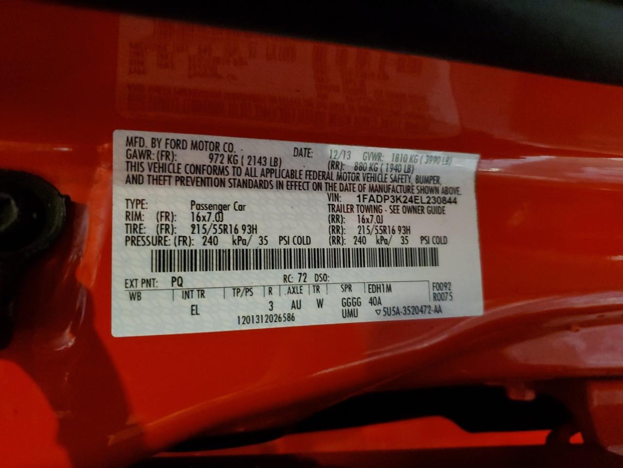 2014 Ford Focus Se VIN: 1FADP3K24EL230844 Lot: 50400895