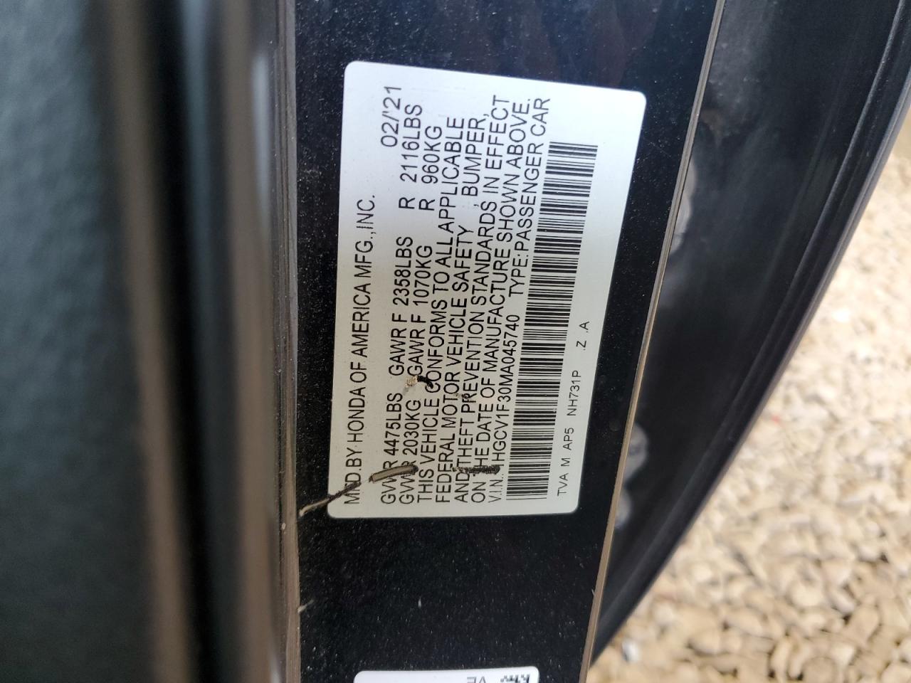 1HGCV1F30MA045740 HONDA ACCORD 2021
