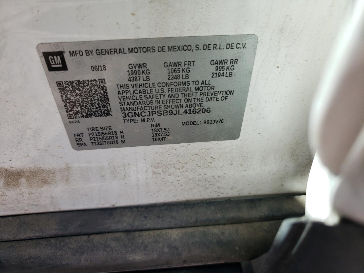 3GNCJPSB9JL416206 CHEVROLET TRAX 2018