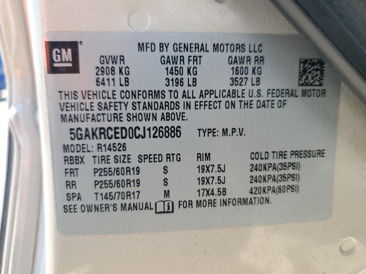 2012 Buick Enclave VIN: 5GAKRCED0CJ126886 Lot: 50744905