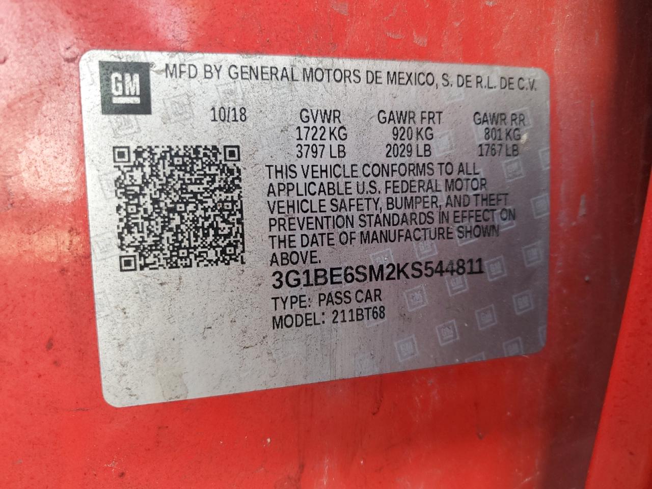 3G1BE6SM2KS544811 CHEVROLET CRUZE 2019