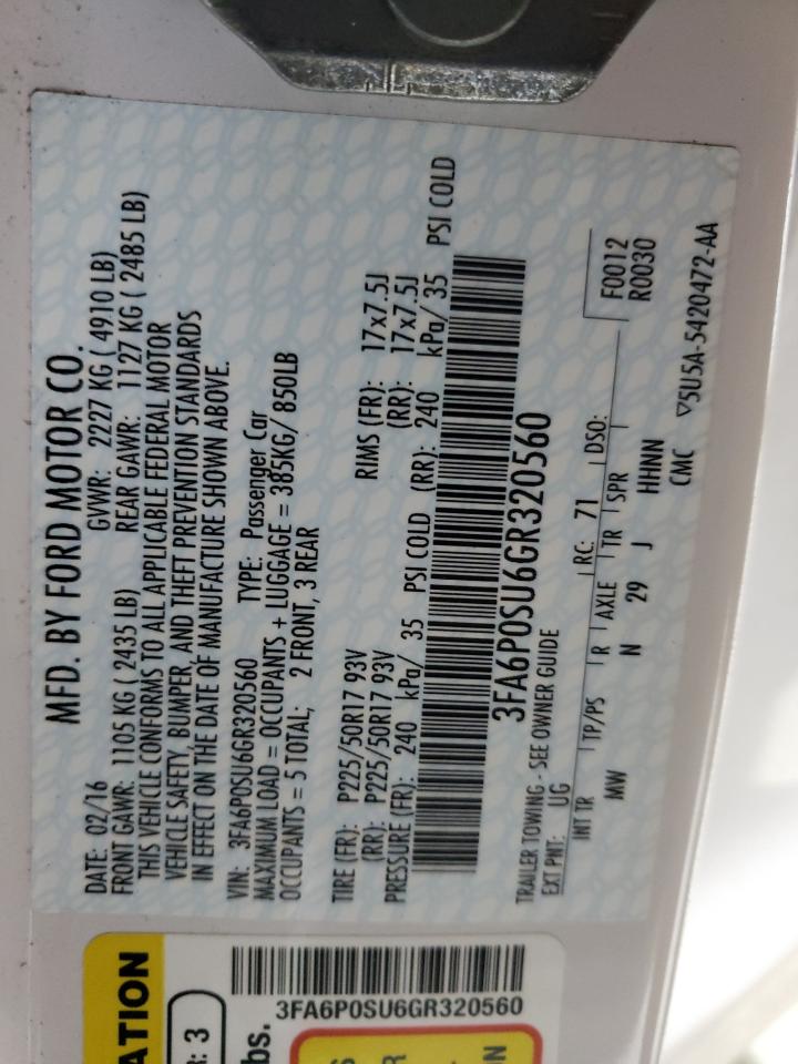 3FA6P0SU6GR320560 FORD FUSION 2016
