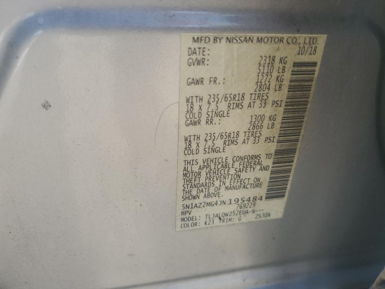 5N1AZ2MG4JN195484 NISSAN MURANO 2018