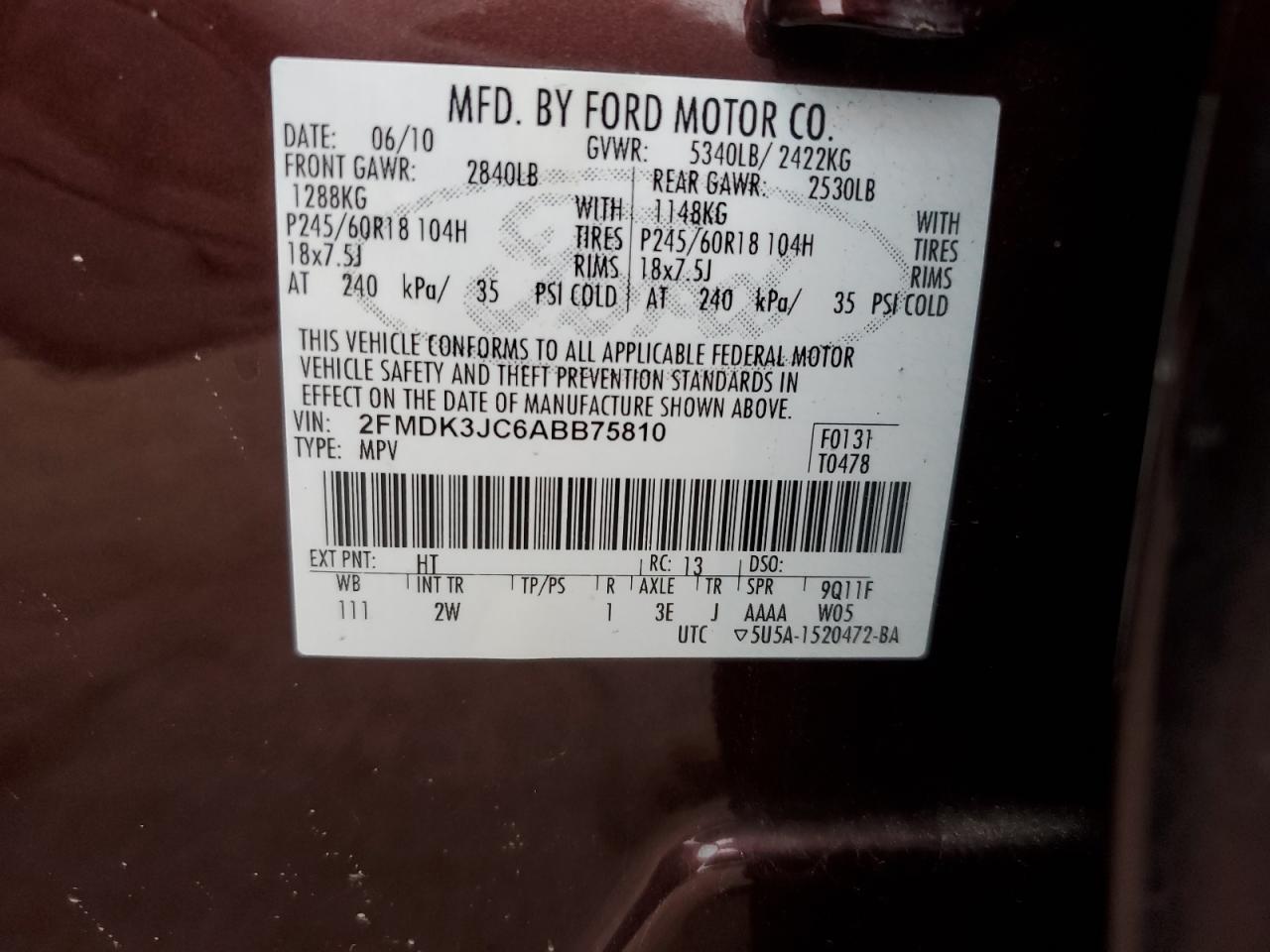 2010 Ford Edge Sel VIN: 2FMDK3JC6ABB75810 Lot: 50459465
