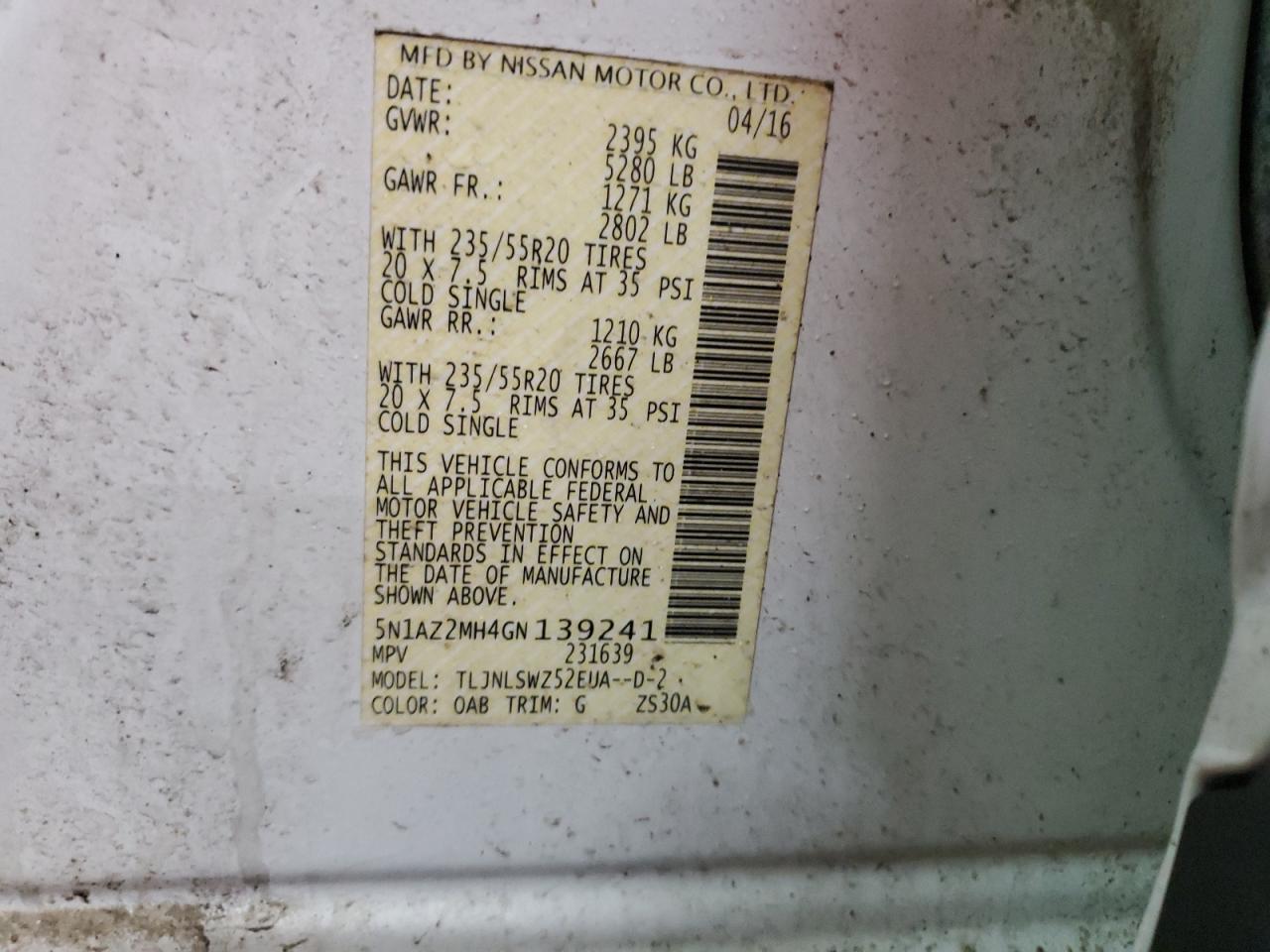 5N1AZ2MH4GN139241 NISSAN MURANO 2016