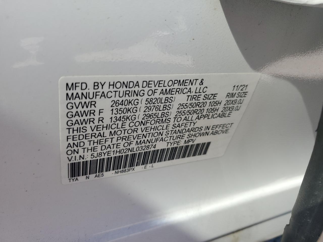 5J8YE1H02NL032874 ACURA MDX 2022