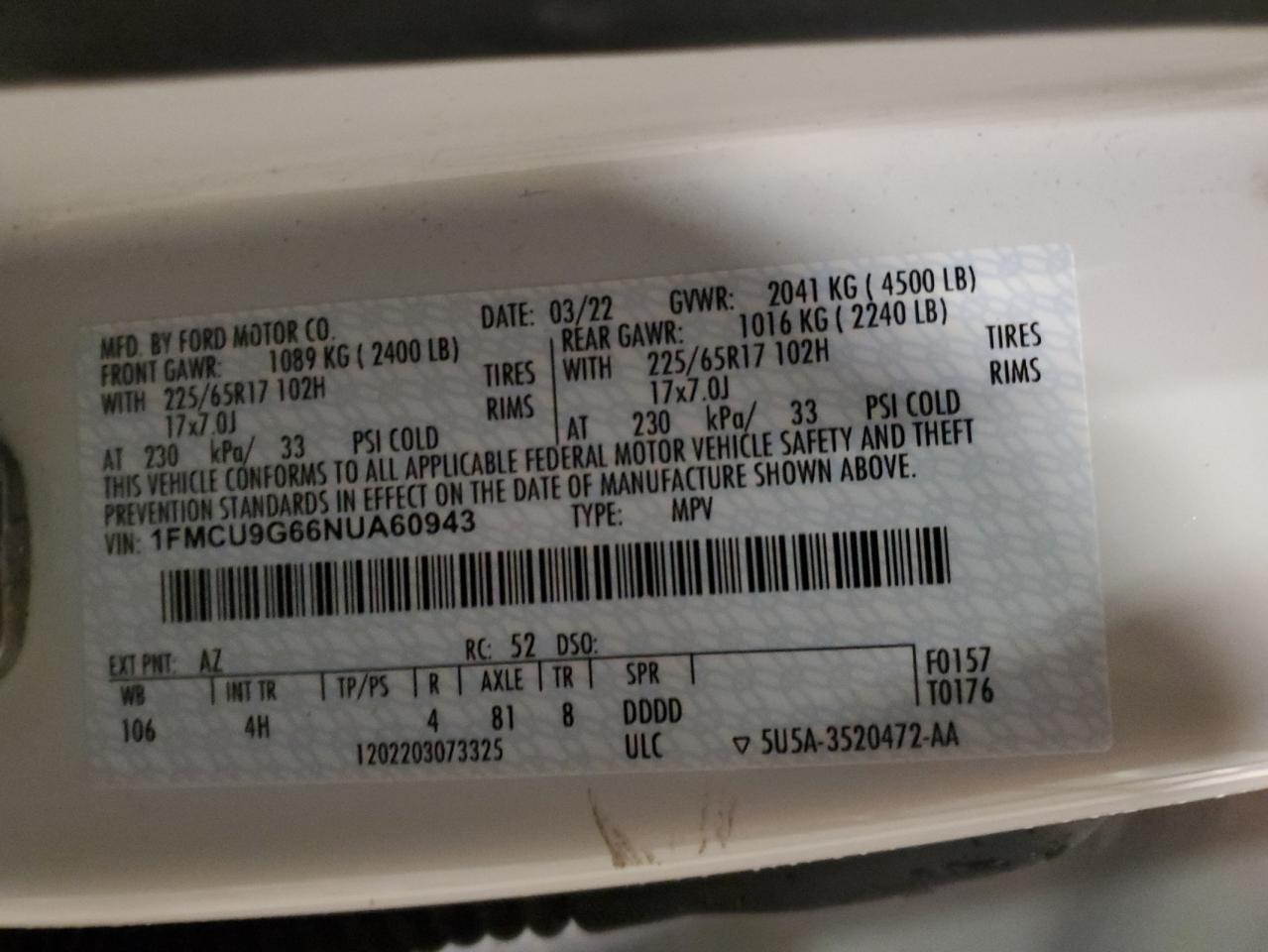 1FMCU9G66NUA60943 FORD ESCAPE 2022