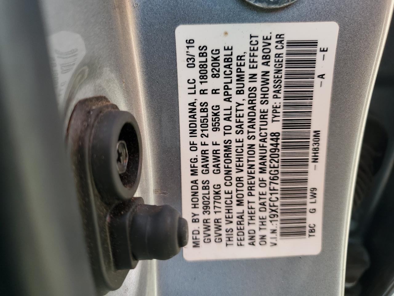 19XFC1F76GE209448 HONDA CIVIC 2016