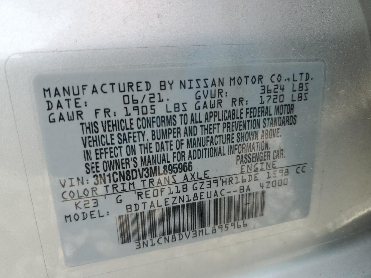 3N1CN8DV3ML895966 NISSAN VERSA 2021