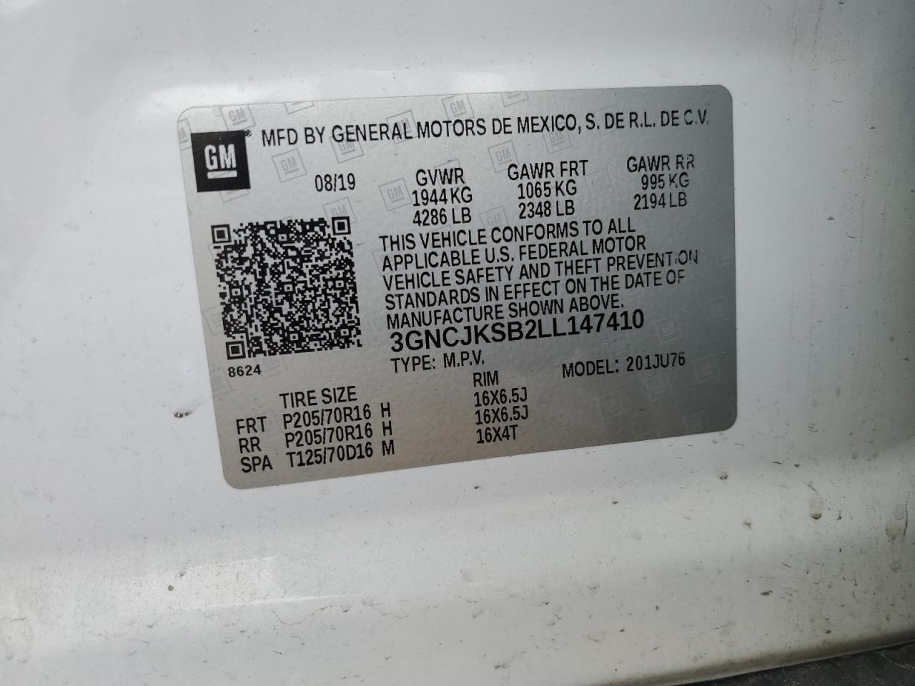 3GNCJKSB2LL147410 CHEVROLET TRAX 2020