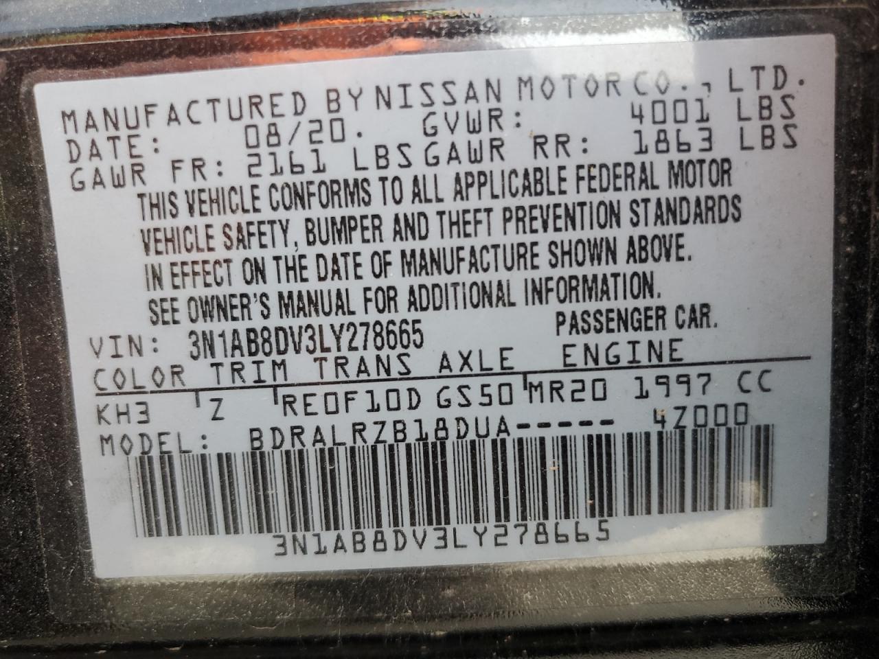 3N1AB8DV3LY278665 NISSAN SENTRA 2020