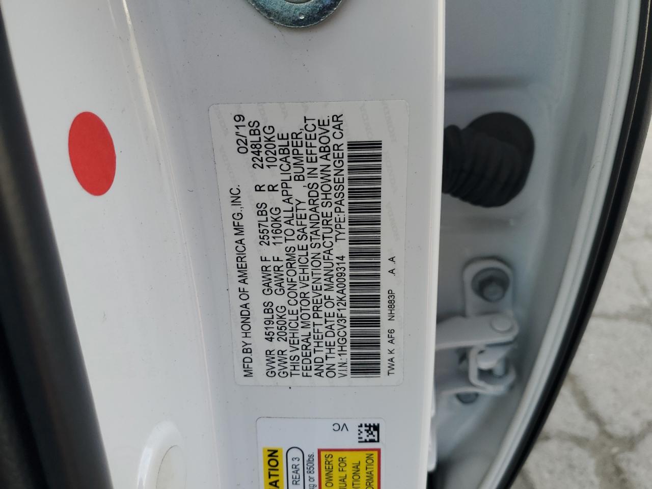 1HGCV3F12KA009314 HONDA ACCORD 2019
