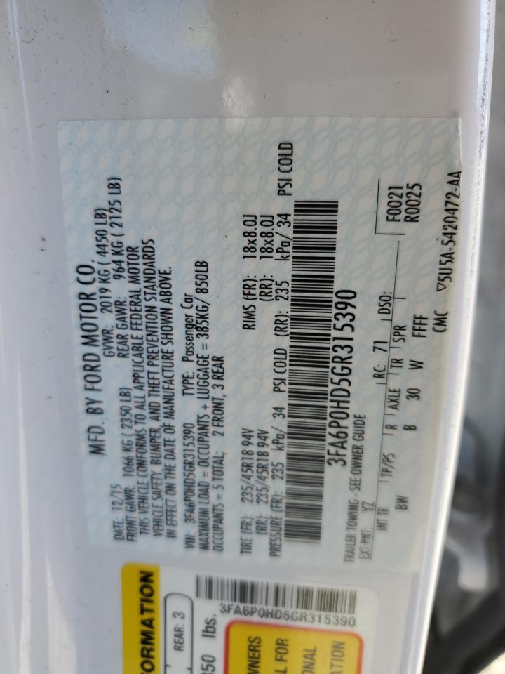 3FA6P0HD5GR315390 FORD FUSION 2016