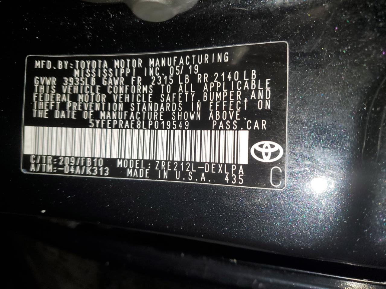 5YFEPRAE8LP019549 TOYOTA COROLLA 2020