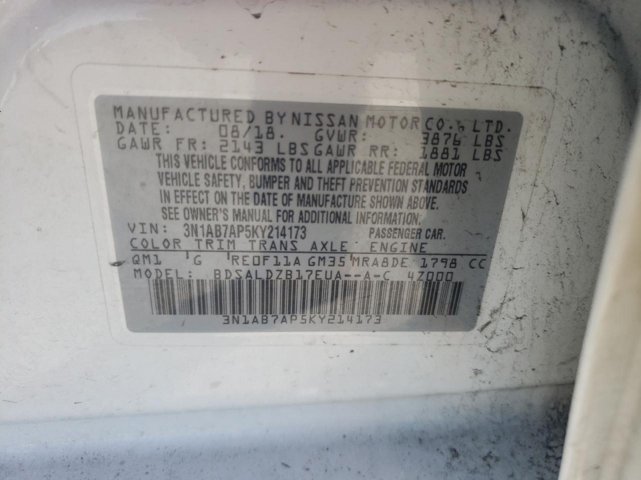 3N1AB7AP5KY214173 NISSAN SENTRA 2019