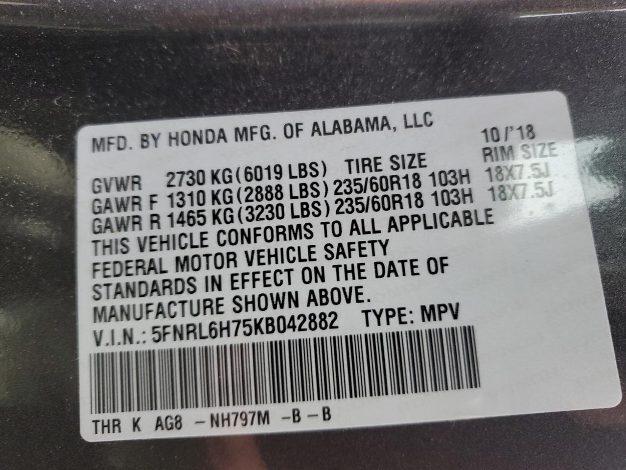 5FNRL6H75KB042882 HONDA All Models 2019