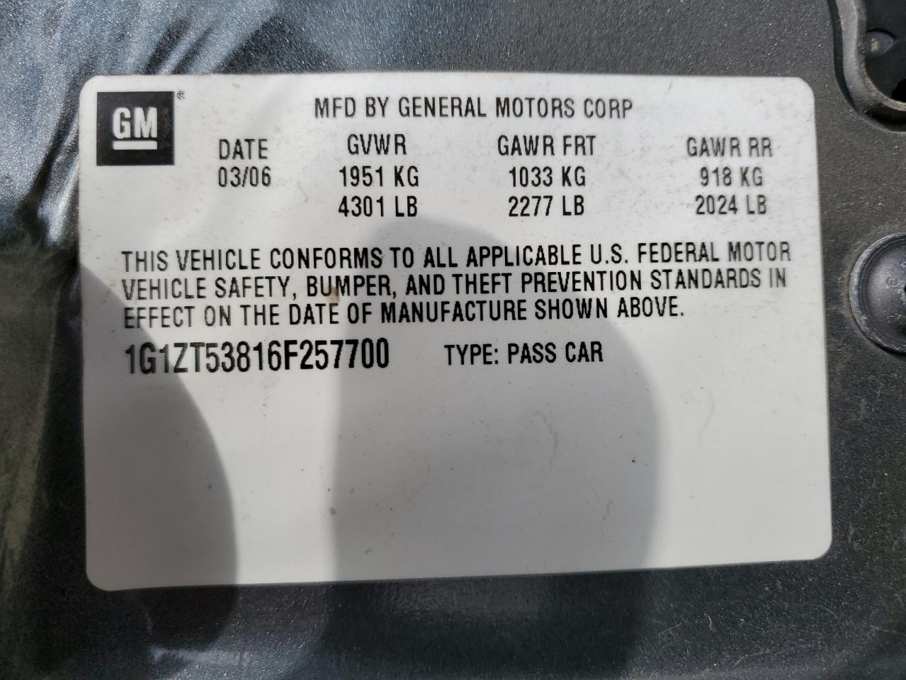 2006 Chevrolet Malibu Lt VIN: 1G1ZT53816F257700 Lot: 50874985