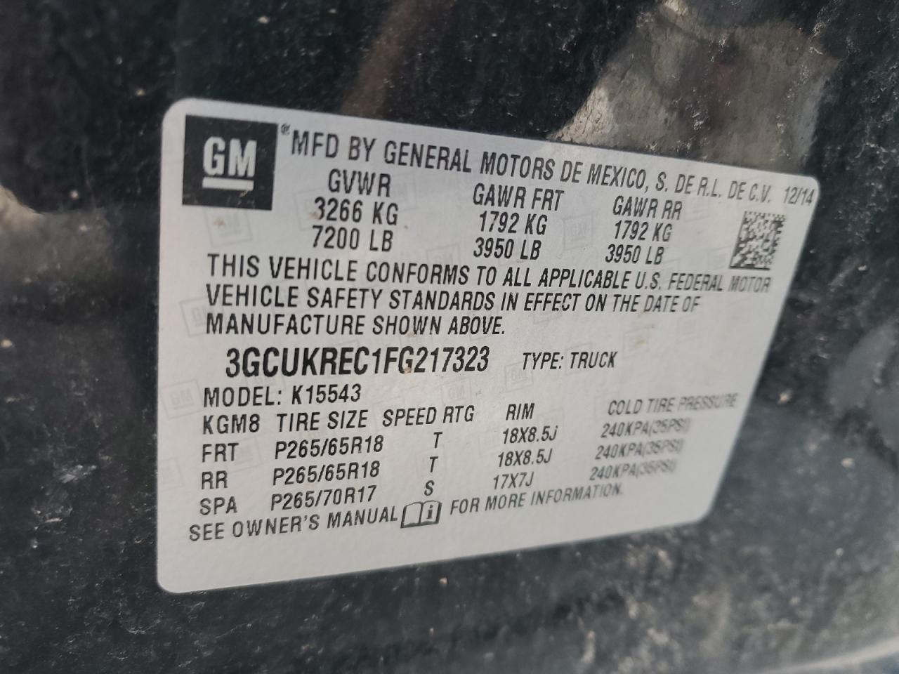 2015 Chevrolet Silverado K1500 Lt VIN: 3GCUKREC1FG217323 Lot: 50155955
