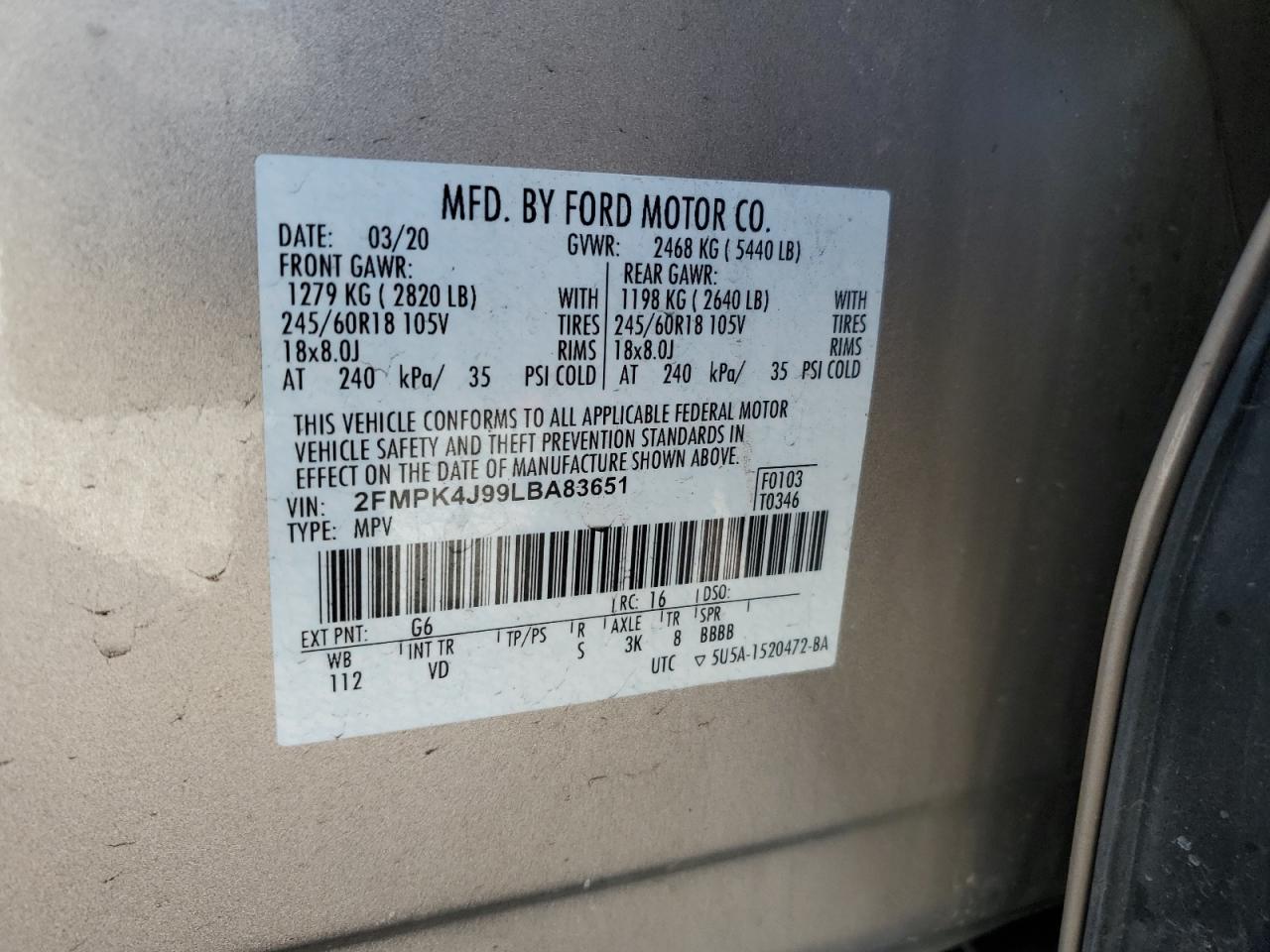 2FMPK4J99LBA83651 FORD EDGE 2020