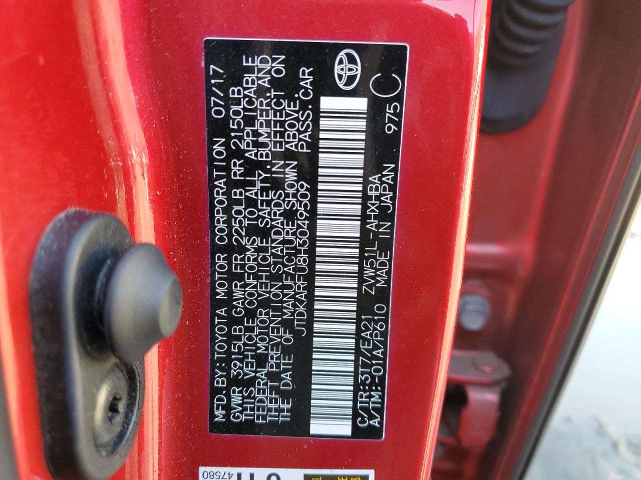 JTDKARFU8H3049509 TOYOTA PRIUS 2017
