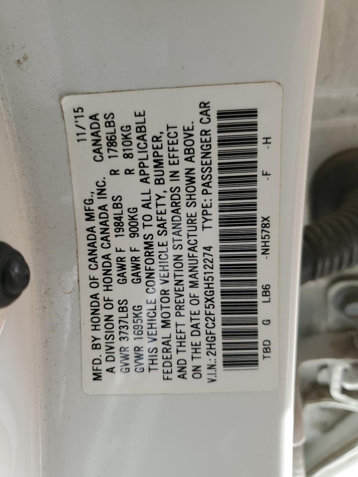 2HGFC2F5XGH512274 HONDA CIVIC 2016