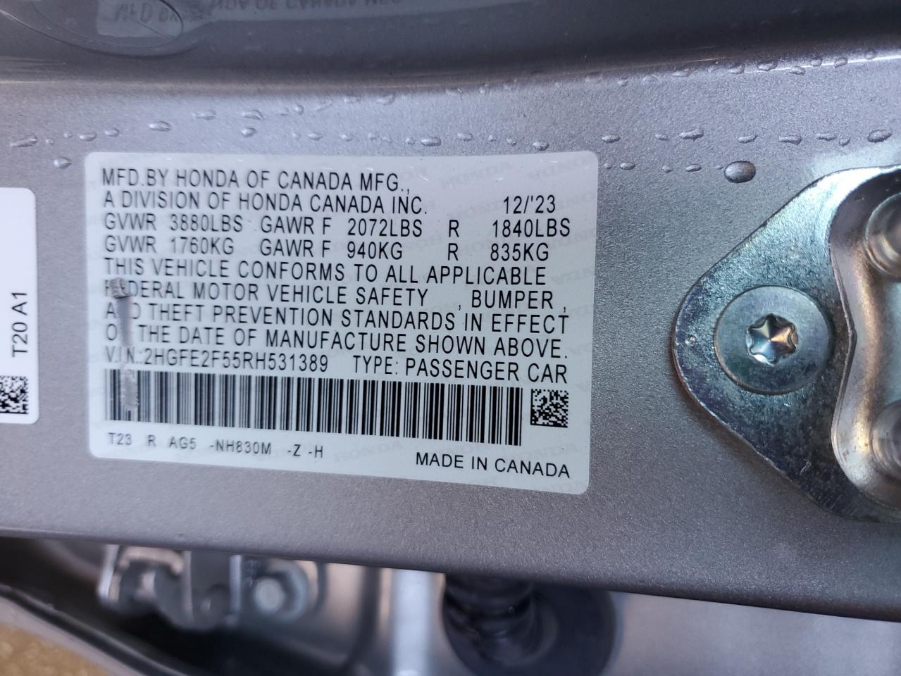 2HGFE2F55RH531389 HONDA CIVIC 2024
