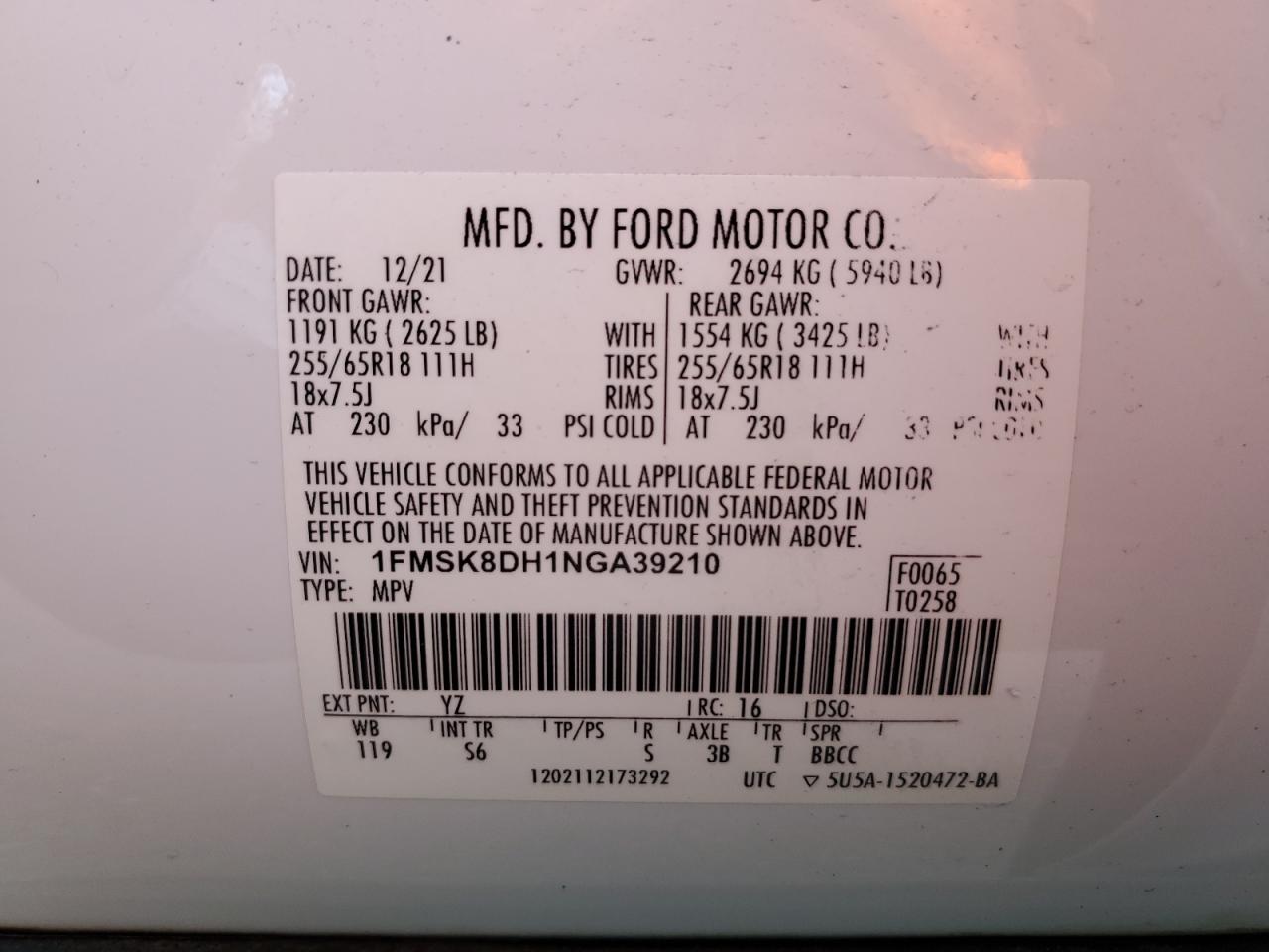 1FMSK8DH1NGA39210 FORD EXPLORER 2022