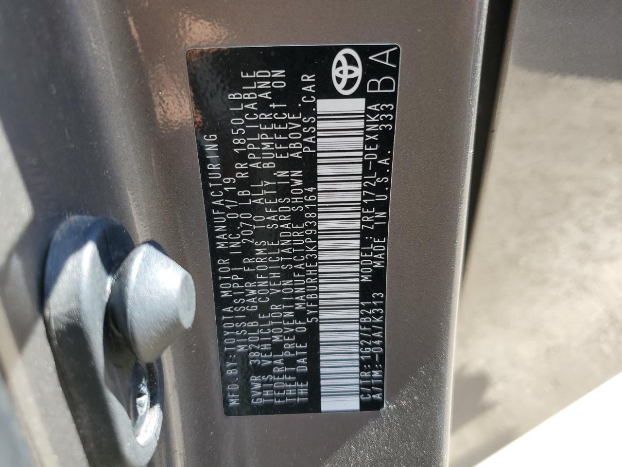 5YFBURHE3KP938164 TOYOTA COROLLA 2019