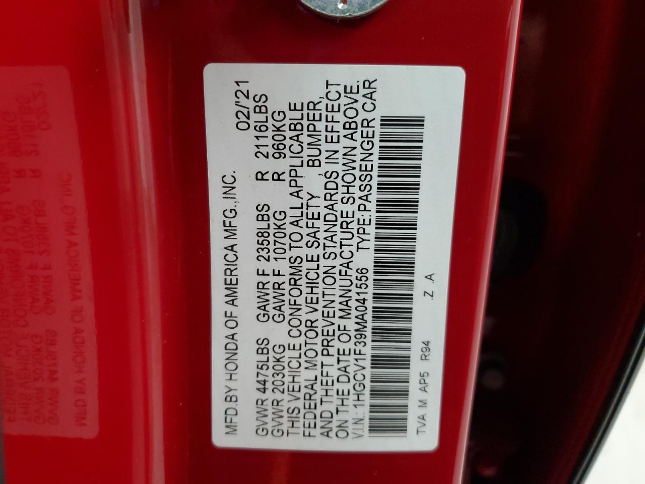 1HGCV1F39MA041556 HONDA ACCORD 2021