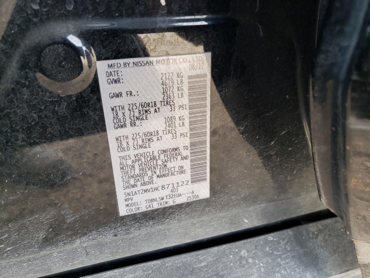 5N1AT2MV1HC871122 NISSAN ROGUE 2017